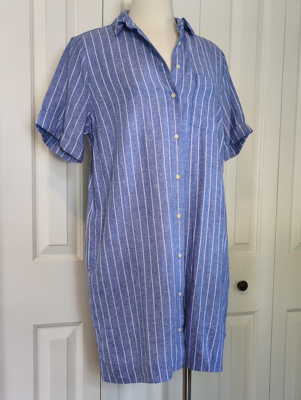 Old Navy Blue and White Striped Chambray Shirt Dress